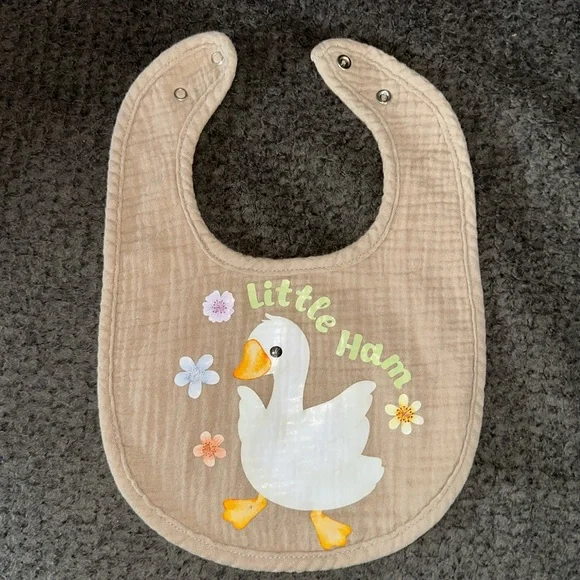 NEW Handcrafted Little Ham Beige Baby Bib with Duck Design