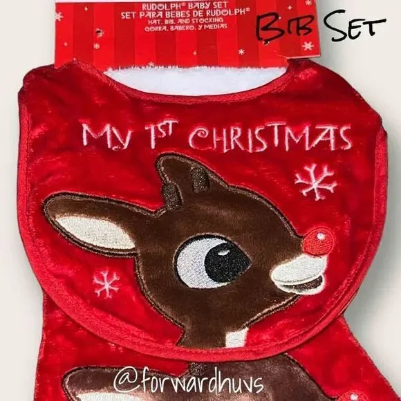 Vintage Rudolph First Christmas Bib and Stocking Set (No Hat)