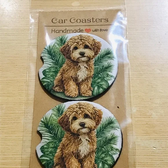 Handmade Doodle Puppy Dog Car Coasters Set
