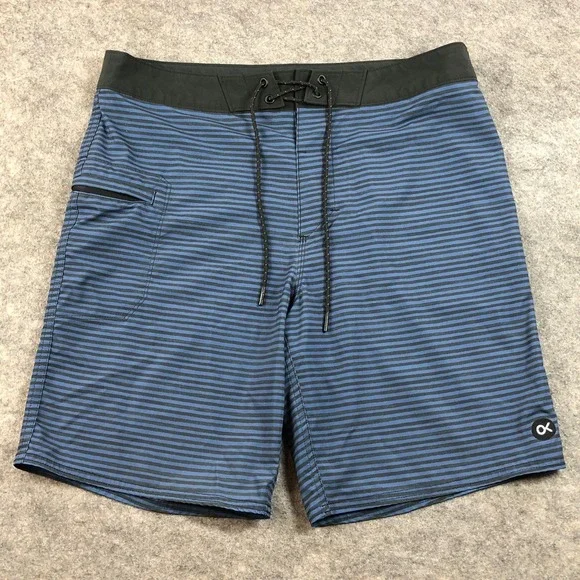 Outerknown Mens 31 Blue Stripe Recycled Polyester Board Shorts Swim Beach