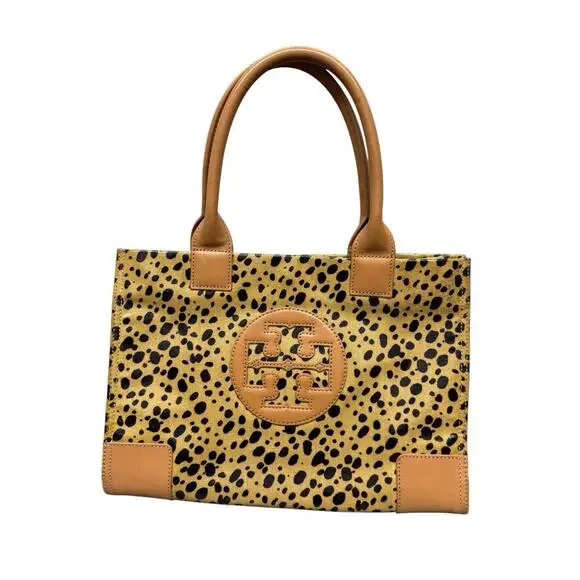 Tory Burch Ella Leopard Print Tote Bag Medium Canvas Brown Leather