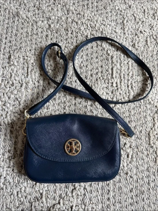 Tory Burch Navy Leather Crossbody with Gold Logo Medallion