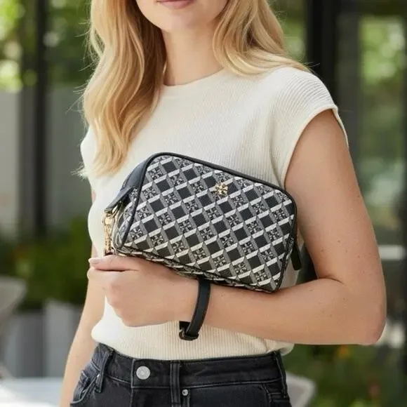 Tory Burch T Monogram Geometric Wristlet Pouch Bag Navy Blue Cream Logo Cosmetic