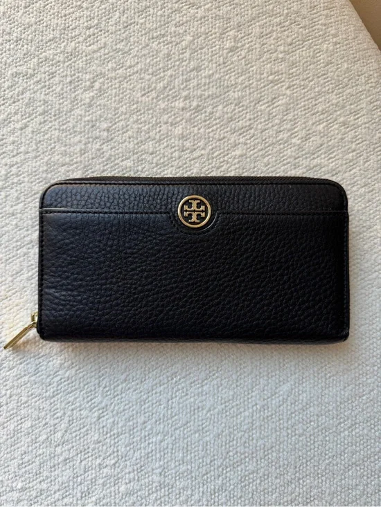 Tory Burch Black Pebbled Leather Zip Wallet with Gold Logo
