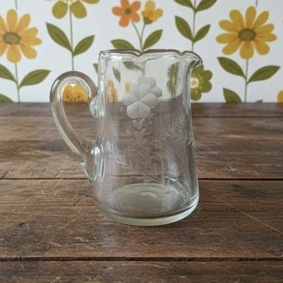 Floral‎ Etched Clear Glass Pitcher, Vintage Beverage Serve, Replacement Barware