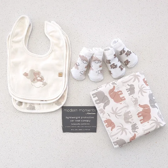 Baby Gift Set - Cream and Gray Baby Bibs, 2 Pairs Of Socks, Car Seat Cover