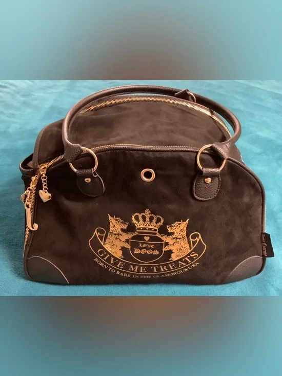 Juicy Couture Give Me Treats Faux Suede Dog Carrier with Gold Crest