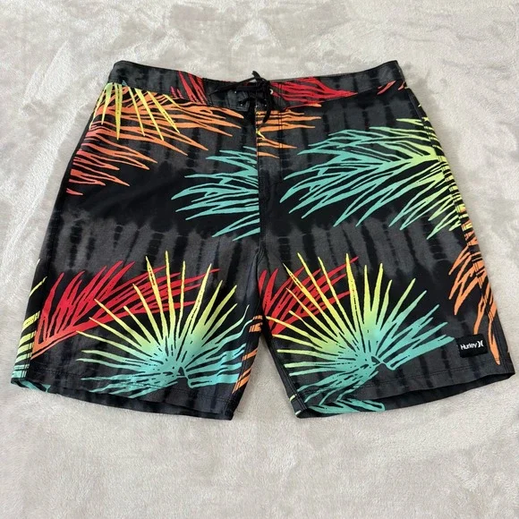 Hurley Mens Swim Trunks Size‎ 34 Black Tie Dye Palm Tree Print Swim Shorts