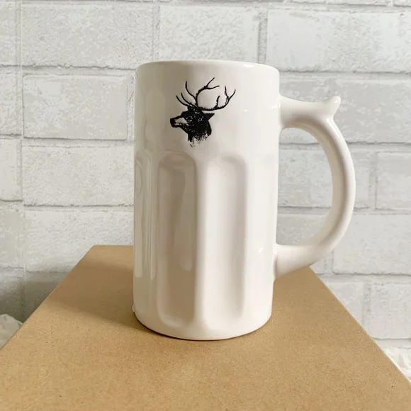 Rae Dunn White Ceramic Stag Engraved Beer Stein Antler Handle