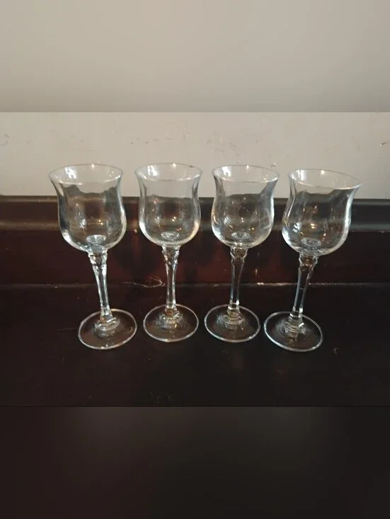Vintage Clear Glass Tulip Cordial Glasses Hexagonal Faceted Stem Barware Set of4