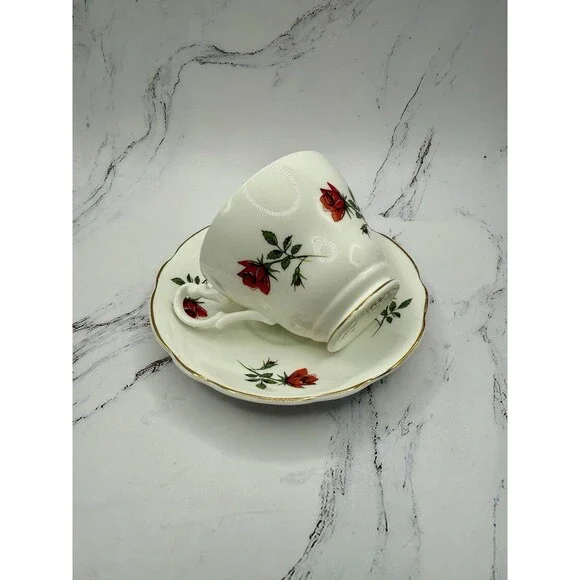 Vintage Royal Ascot English Bone China Teacup and Saucer Long Stem‎ Red Rose