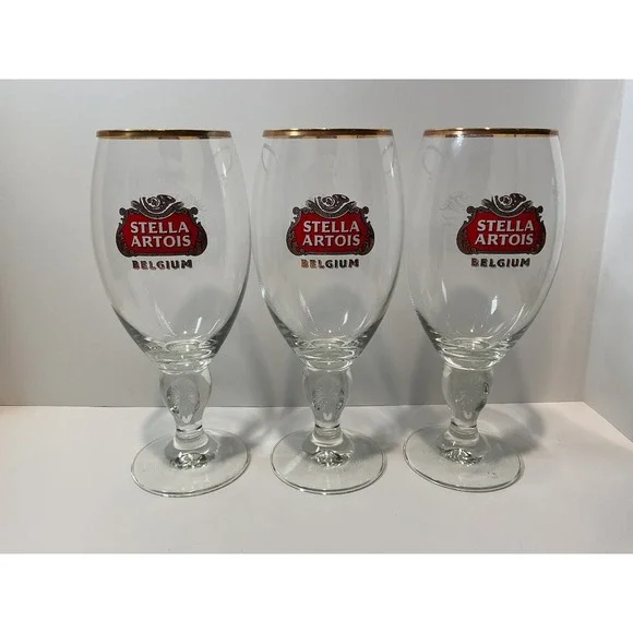 Set of 3 Stella Artois Belgium Beer Glasses Gold Rimmed Chalice Stemware 50cl