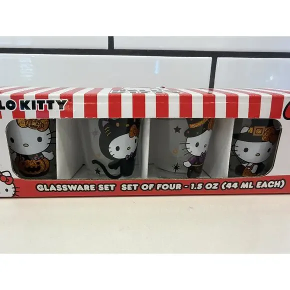 NEW 2024 Hello Kitty Glassware Set 4 Shot Glass Halloween Glitter Pumpkin Witch