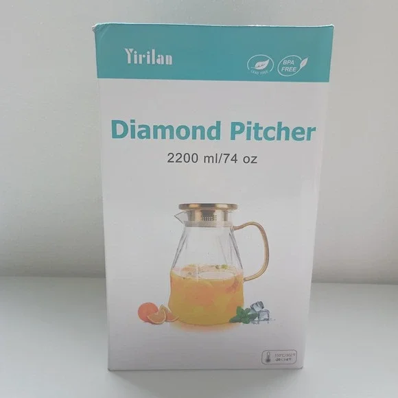 Yirilan Glass Pitcher Carafe W/Lid 2.2 Liter Water Iced Tea Hot or Cold NEW