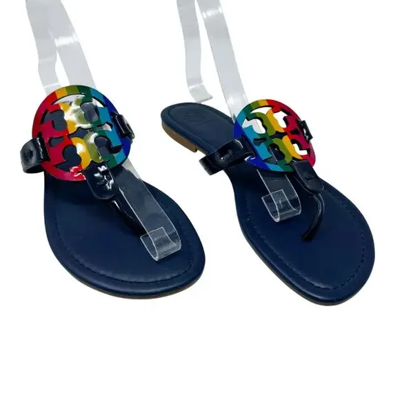 TORY BURCH Navy Blue Rainbow Stripe Miller Logo Patent Leather Sandals Size 7