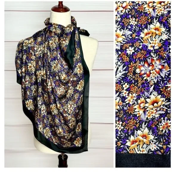 Elaine Gold for Collection XIIX Silk Square Scarf Floral Purple Tan Ivory Japan