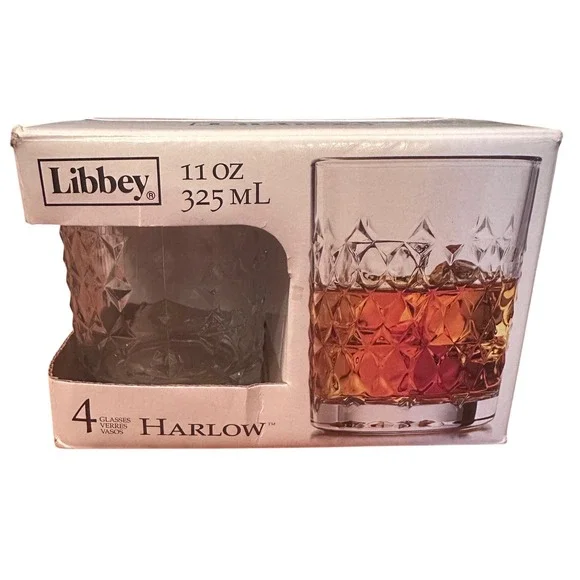 Libbey Harlow Whiskey Glasses Set of 3 11oz Clear Like New Diamond Cut Barware