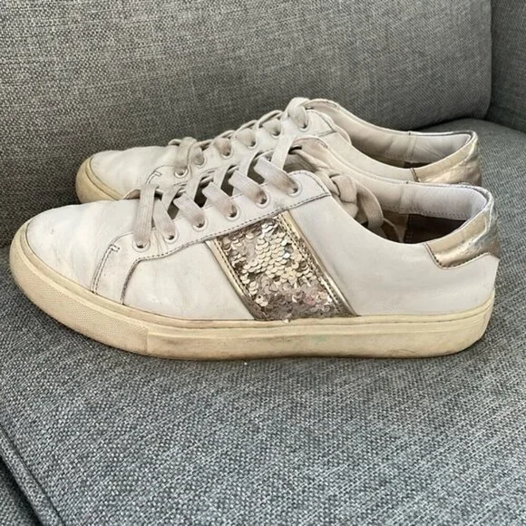 GC Tory Burch White Leather Sequins Detail Low Top Casual Lace Up Sneaker Sz 9