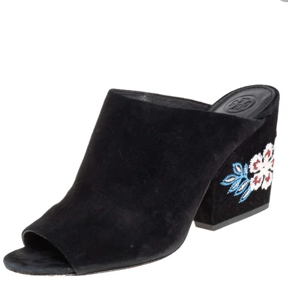 Tory Burch Black Embroidered Suede Mule Sandals Size 9