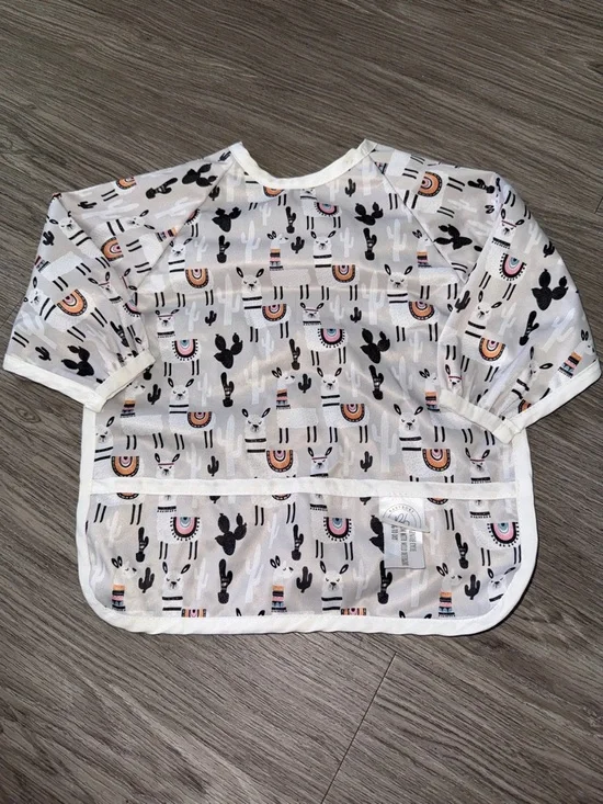 Waterproof Llama & Cactus Kids Feeding Bib - White with Black & Pink Accents