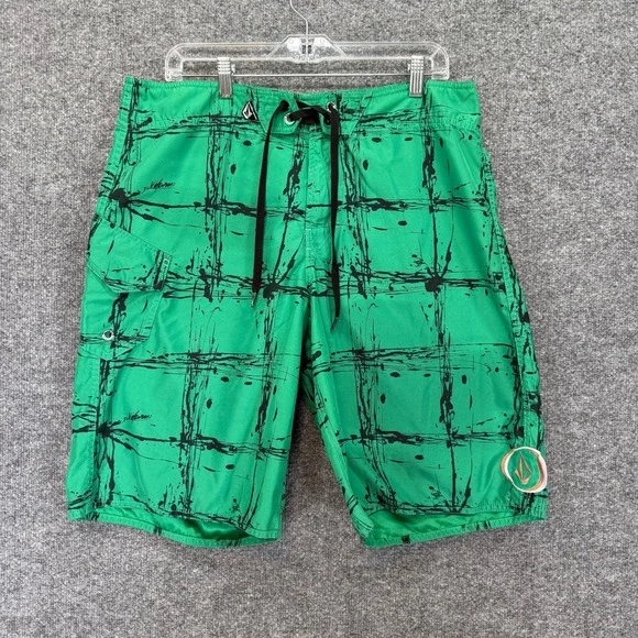 Volcom Board Shorts Mens 36 Green Plaid Mod Splatter Cargo Swim Trunks Y2K Vtg