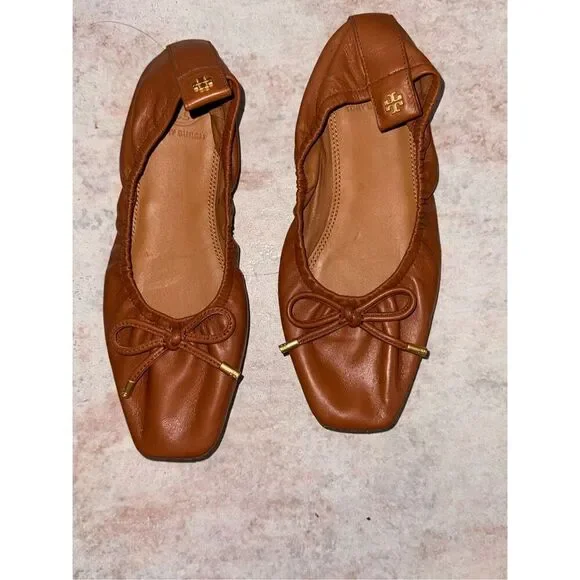 Tory Burch Women’s Brown Leather Square Toe Ballet Flats