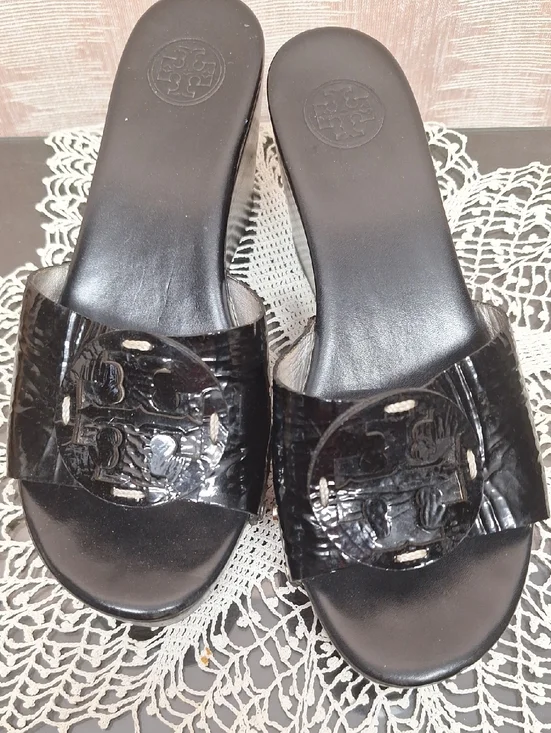 Tory Burch Black Patent Slide Mules with Logo Medallion
