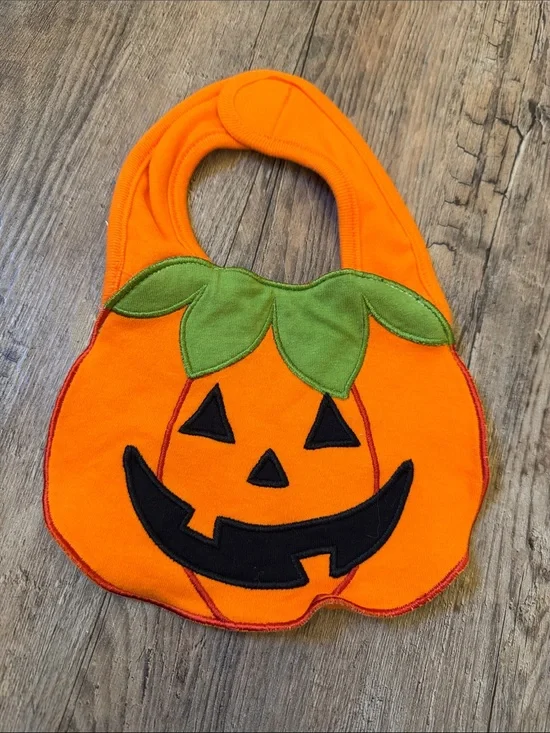 Koala Kids Orange Pumpkin Bib with Green Leaf Accent