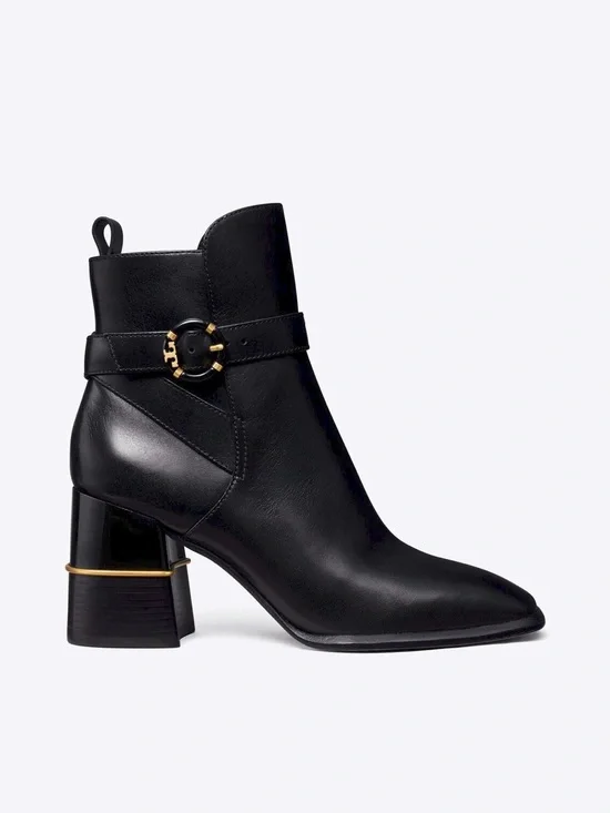 TORY BURCH Logo Buckle Square-Toe Ankle Boots in Black Leather 10