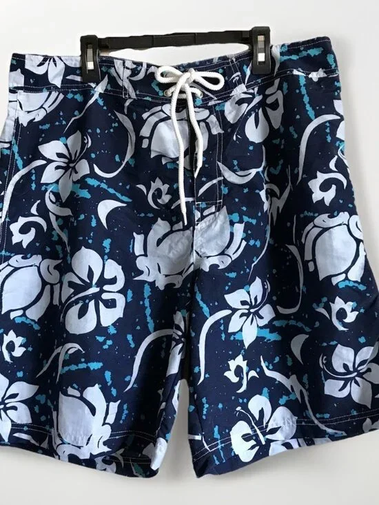 Utility Board Shorts Swim Trunks Men's Size 36 Blue White Hawaiian Print