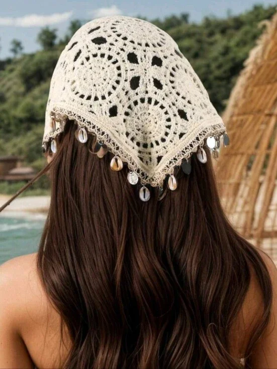 Boho Cream Crochet Bandana Shell Silver Accent Scarf Summer Festive Beach