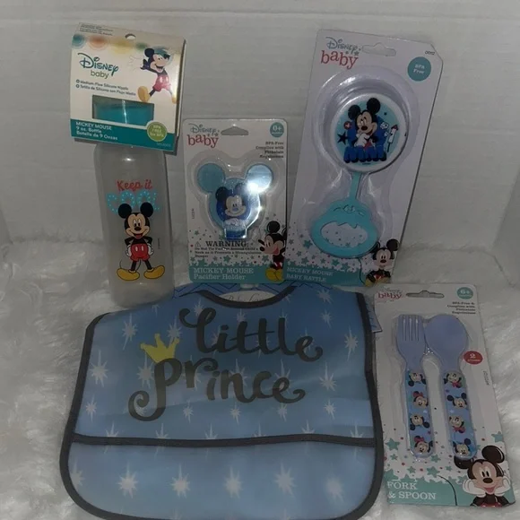 Disney Baby Mickey Mouse Bib and Utensil Set Blue Gray Little Prince Bib Lounge