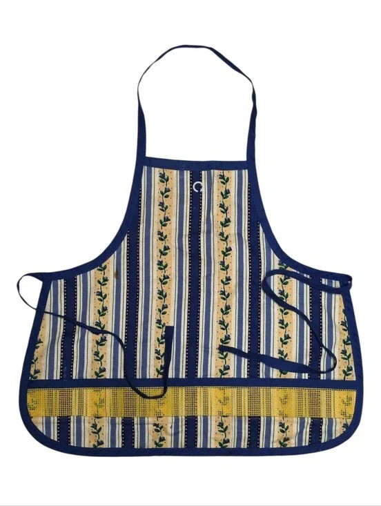 Vintage 70s Kids Size Blue Striped Cooking Apron Handmade Kitchen Accessories