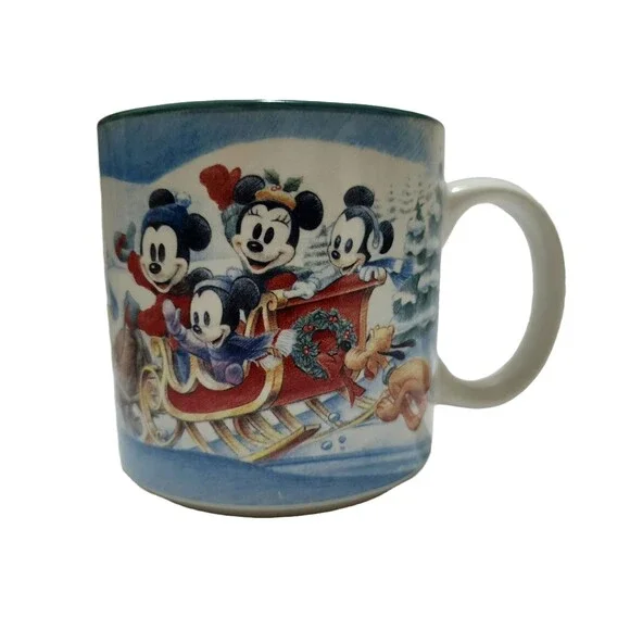 Vintage 1996 Disney Mickey's Winter Wonderland Ceramic Mug Blue White Red