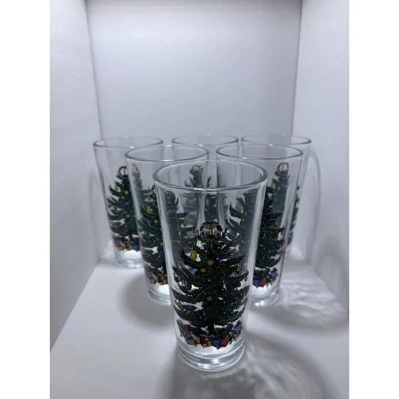6pc Set Of Babcock Home‎ Furnishing 16oz Holiday Christmas Tree Glass Tumblers