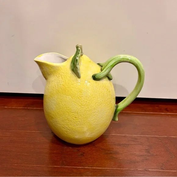 Vintage Ceramic Lemon Pitcher Green Leaf Handle Crafted in Japan hand painted
