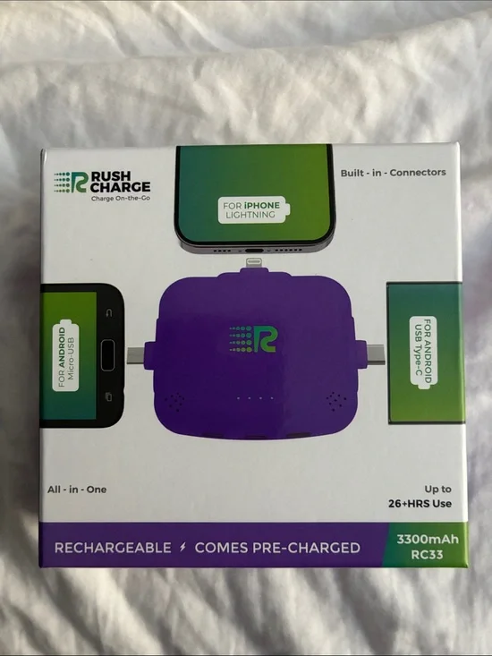 Rush Charge Portable Charger Power Bank sealed new in box and bonus cable type-c