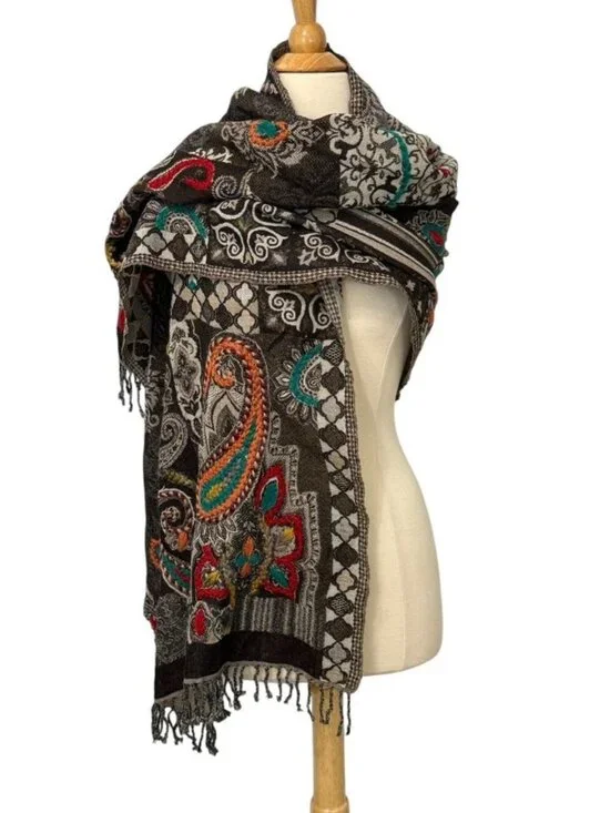 Bul-Bul Handicraft Pure Wool Scarf Embroidered Colorful Yarn Paisley 26