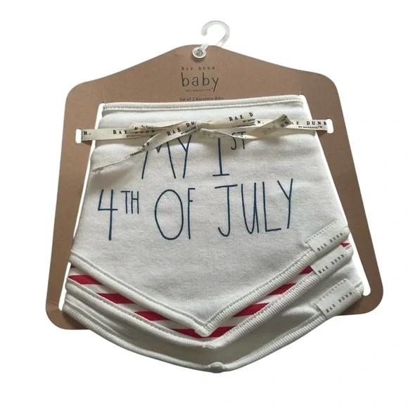 RAE DUNN BABY Bibs Holiday July 4th Patriotic Red White Stripes New