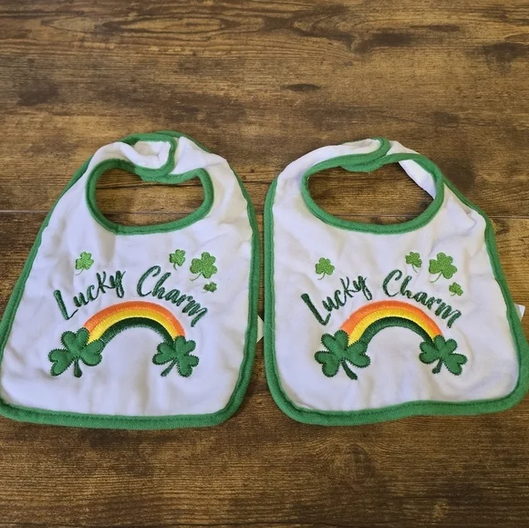 St Patrick's day Lucky Charm Baby Bibs Set of 2 Green and White