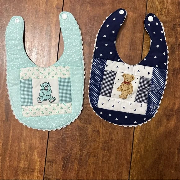 Blue and Navy teddy bear embroidered Baby Bib Set
