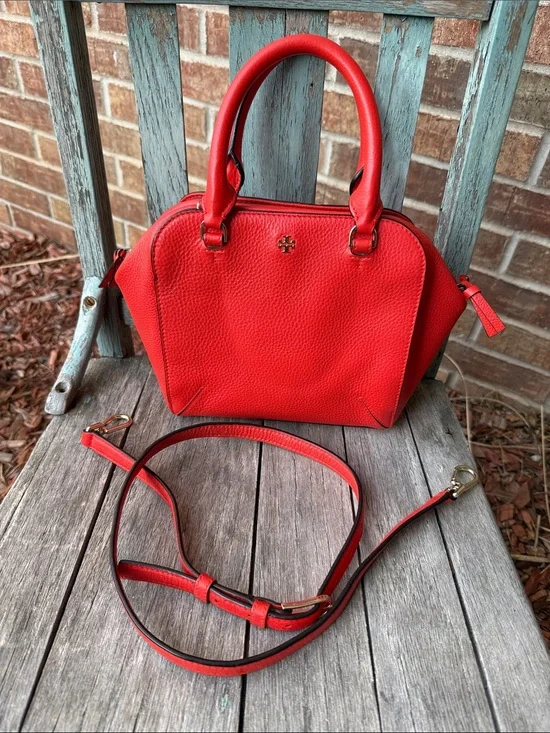Tory Burch Coral-Red Pebbled Leather Mini Satchel with Detachable Strap