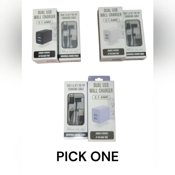 Dual USB Wall Charger & Usb 2.0 3 Ft Tri-tip Charging Cable NIB