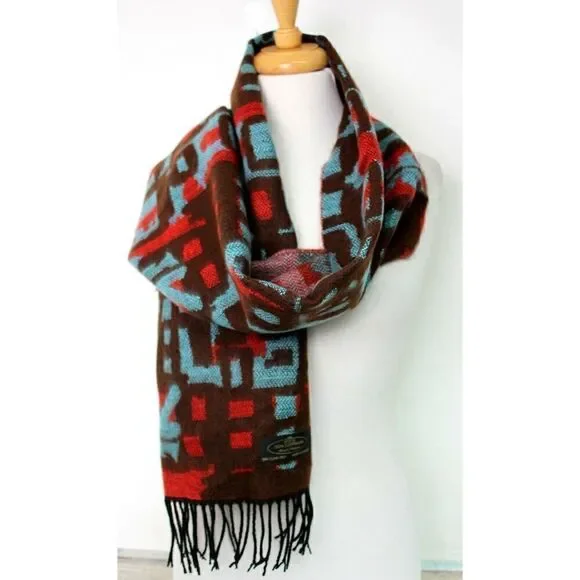 GERMANY BROWN RED BLUE 100% CASHMERE FRINGE SOFT WRAP SCARF (F38