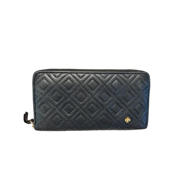 Tory Burch BLAKE Slim Wallet Navy Blue Quilted Leather Zip Around