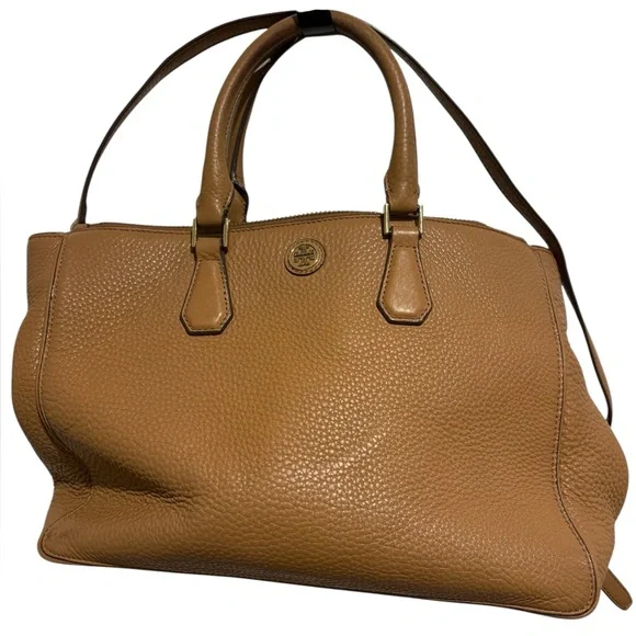 TORY BURCH Robinson Pebbled Leather Tote Bag Satchel Tan