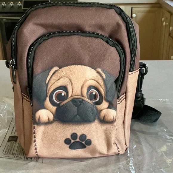 NEW! Brown Pug Crossbody Pet-Themed Bag with Paw Accent