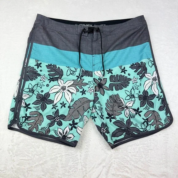 ONeill Mens Tropical Floral Board Shorts Gray Turquoise Swim Trunks Size 40