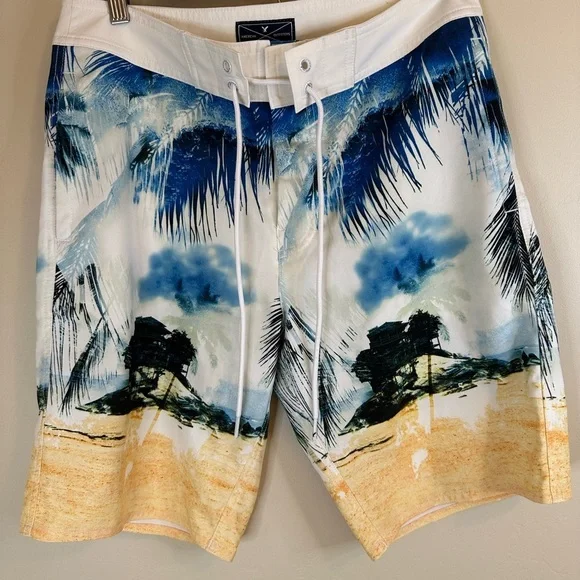 American Eagle Men’s Small Swim Blue White Palm-Print Board Shorts - 10”