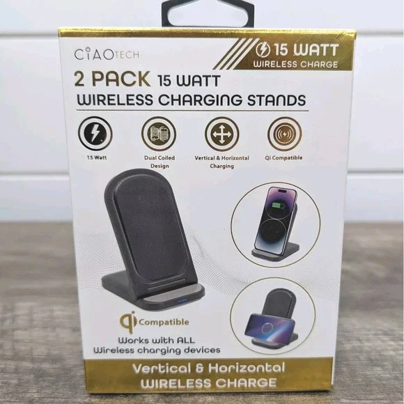 Ciao Tech 2‎ Pack 15 Watt Wireless Charging Stands Qi Compatible Slim Design